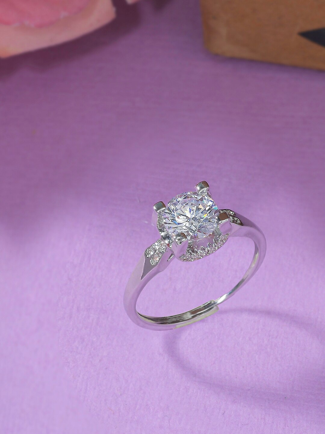 

Voylla Women Silver-Plated White Round Cut CZ Embellished Adjustable Ring