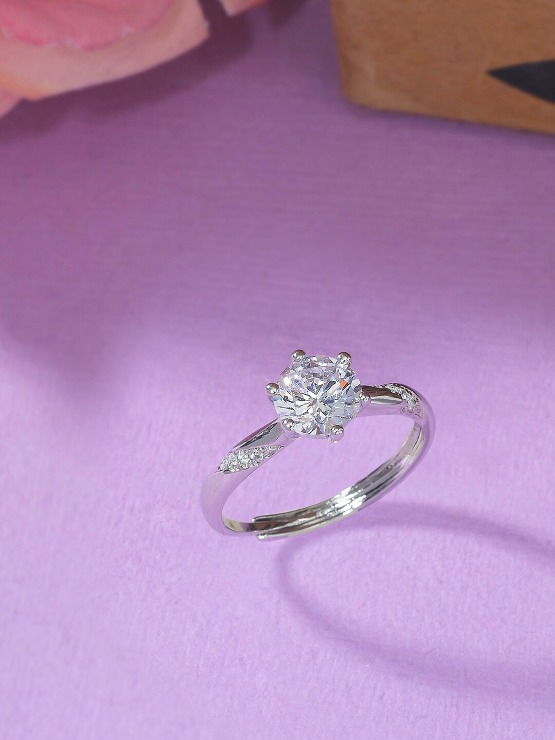 

Voylla Women Silver-Plated White Cubic Zirconia Adjustable Finger Ring