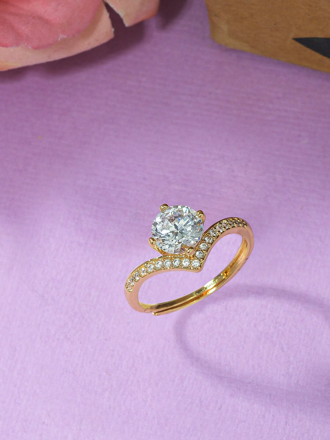 

Voylla Women Gold-Plated White CZ Studded Adjustable Finger Ring