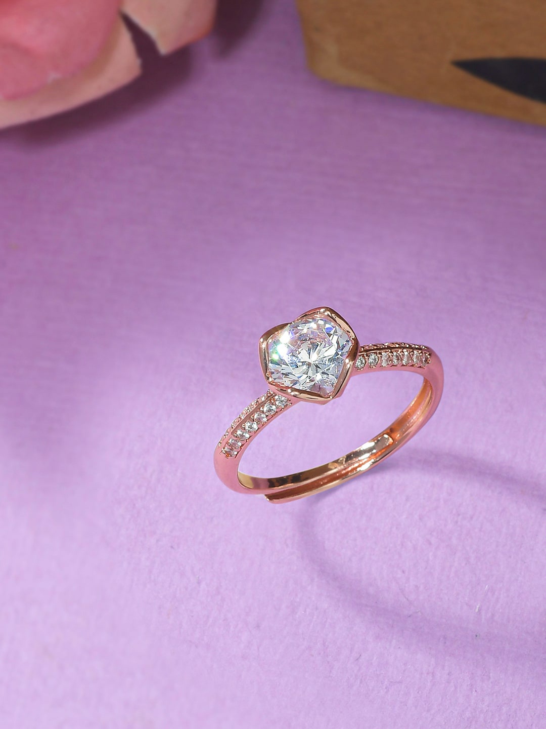 

Voylla Women Rose Gold-Plated White CZ Studded Finger Ring