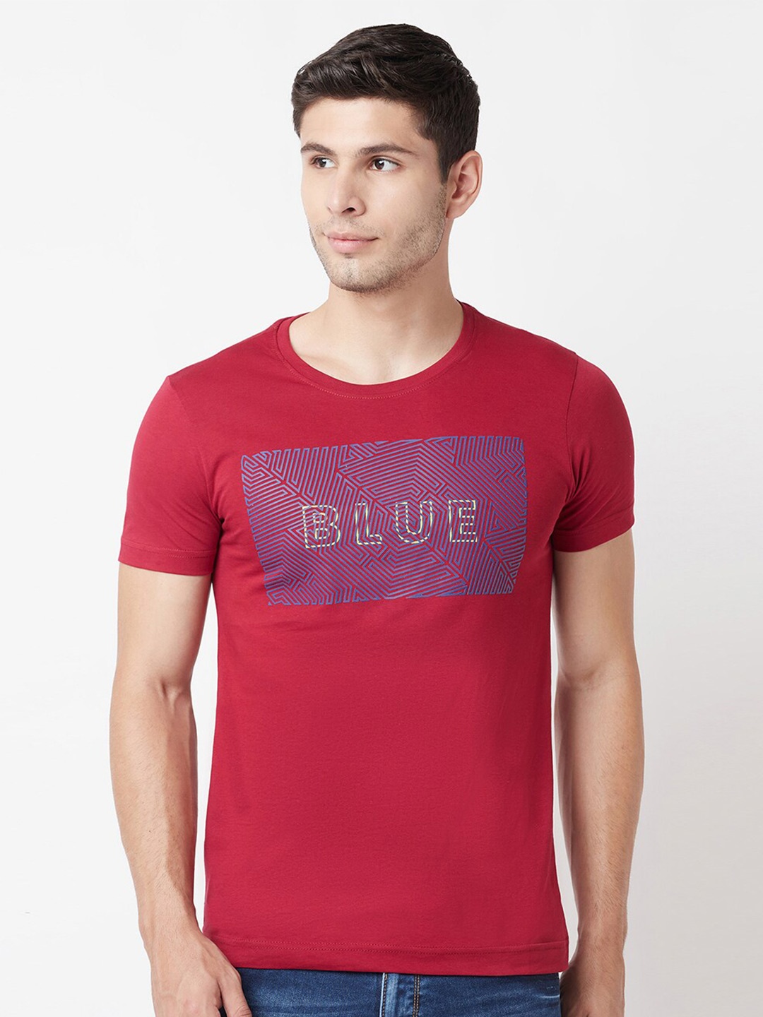 

Blue Buddha Men Red Typography Printed Cotton T-shirt