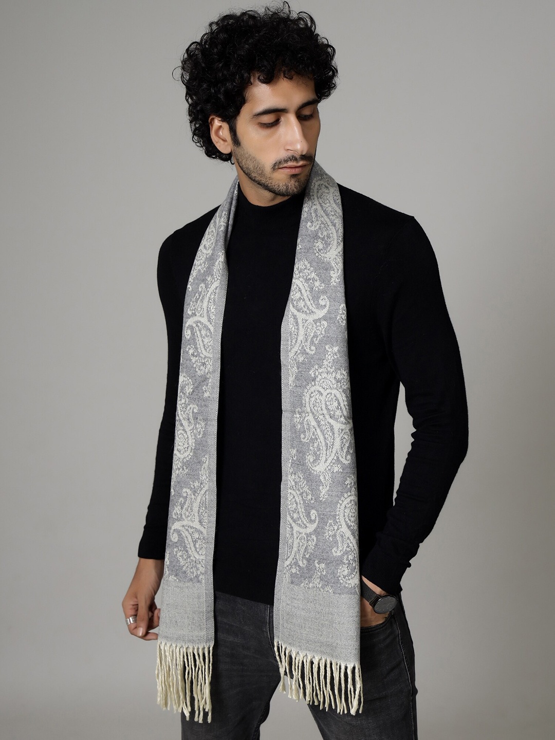 

HANDICRAFT PALACE Men Grey Woven Design Woolen Mufflers