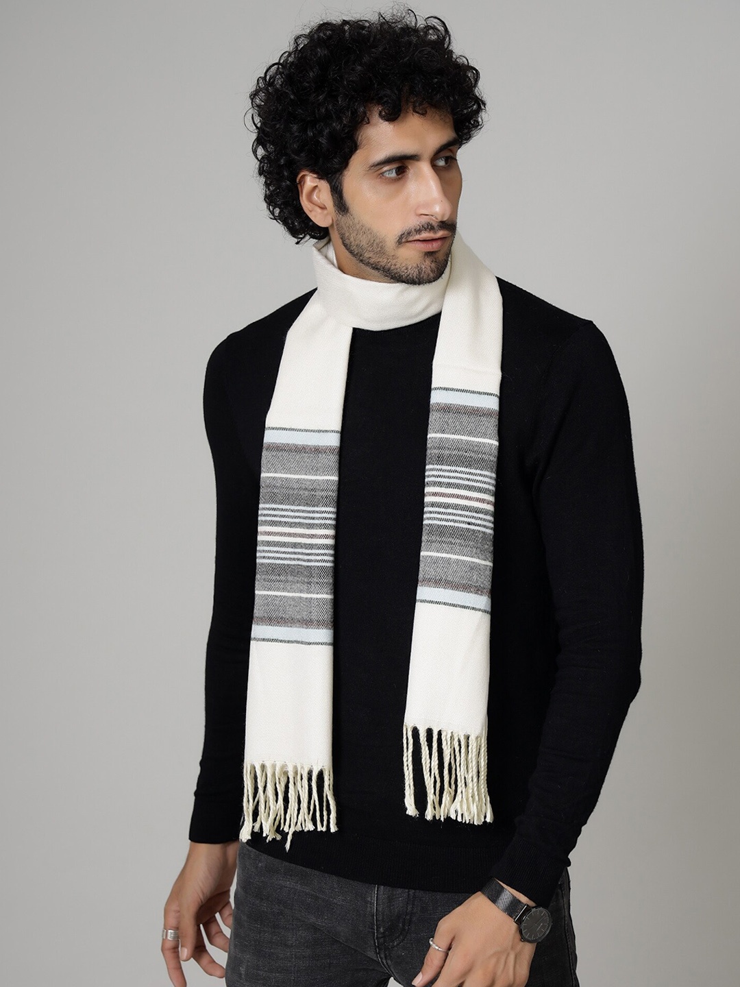 

HANDICRAFT PALACE Men White & Blue Striped Woolen Muffler