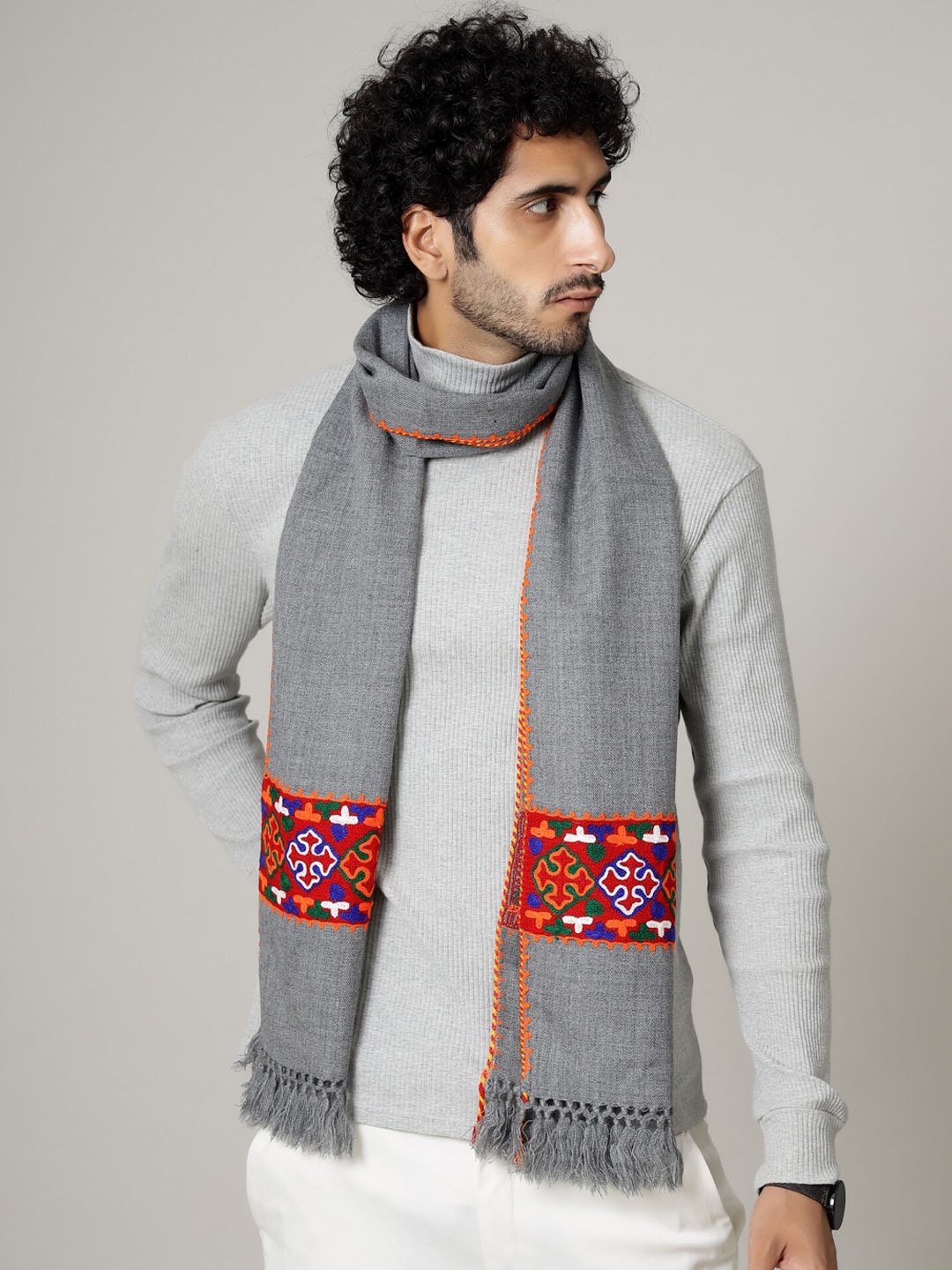

HANDICRAFT PALACE Men Grey Embroidered Woolen Mufflers