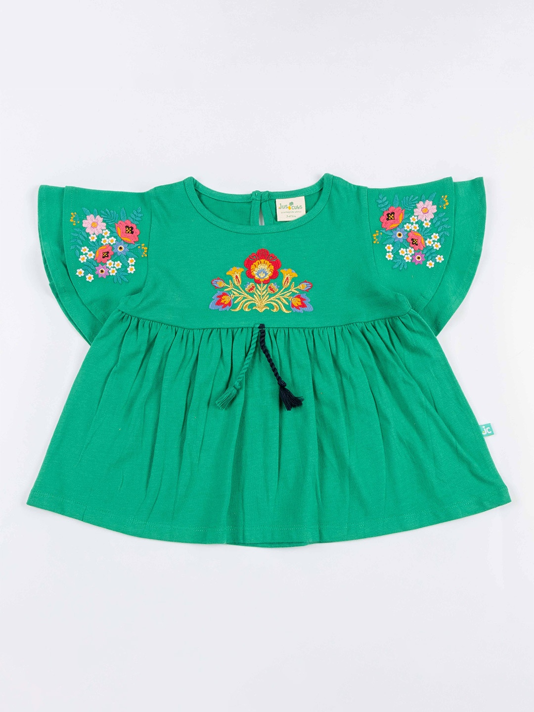 

JusCubs Green Floral Embroidered Pure Cotton Top