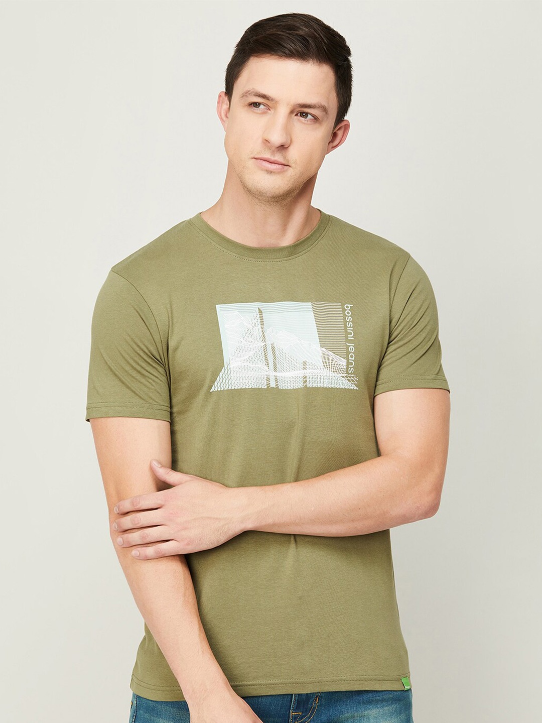 

Bossini Men Olive Green Graphic Printed Cotton T-shirt