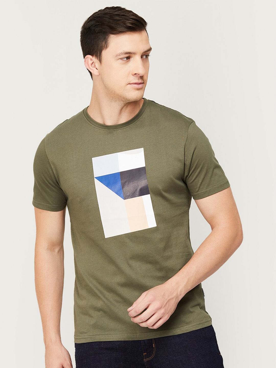 

Fame Forever by Lifestyle Men Olive Green Geometric Printed Cotton T-shirt