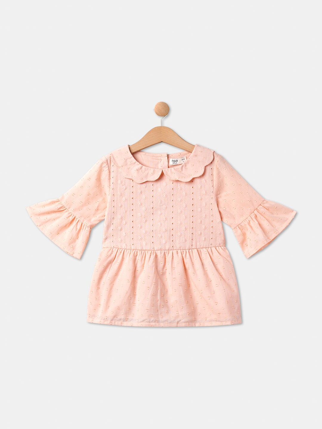 

R&B Girls Peach-Coloured Embroidered Pure Cotton Peter Pan Collar Top