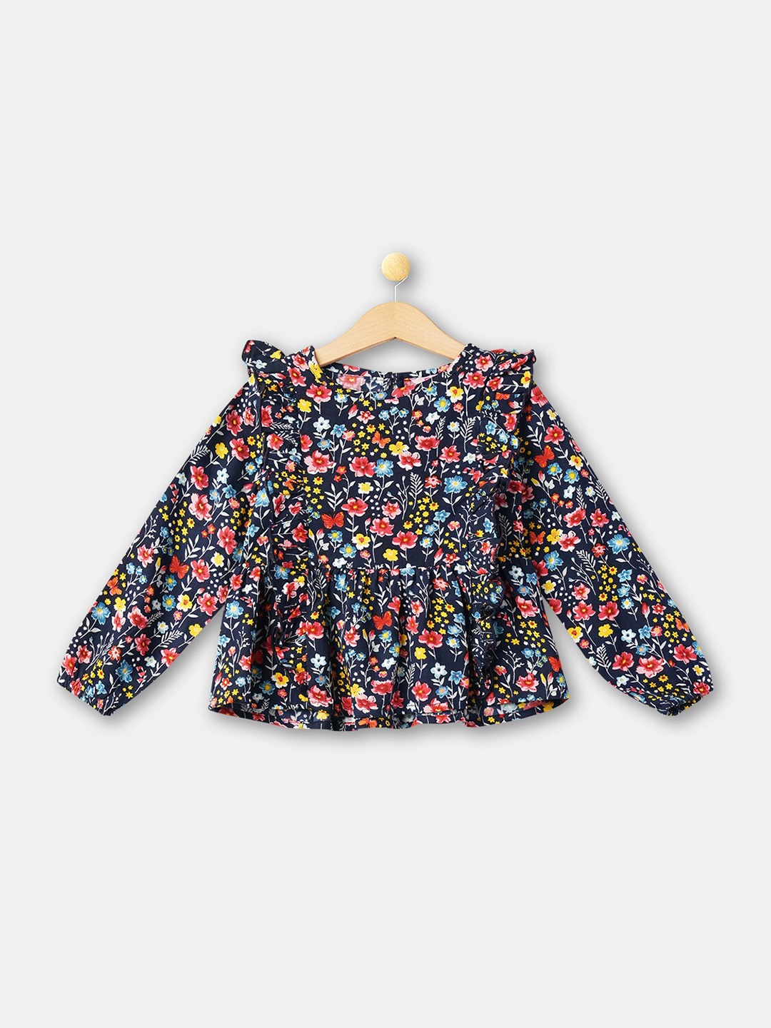 

R&B Girls Blue & Coral Floral Printed Pure Cotton Top