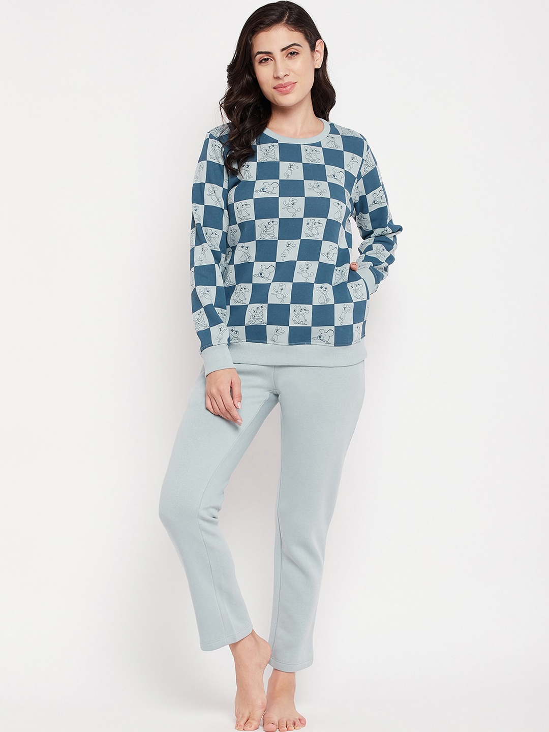

MADAME M SECRET Women Teal & Blue Checked Night suit