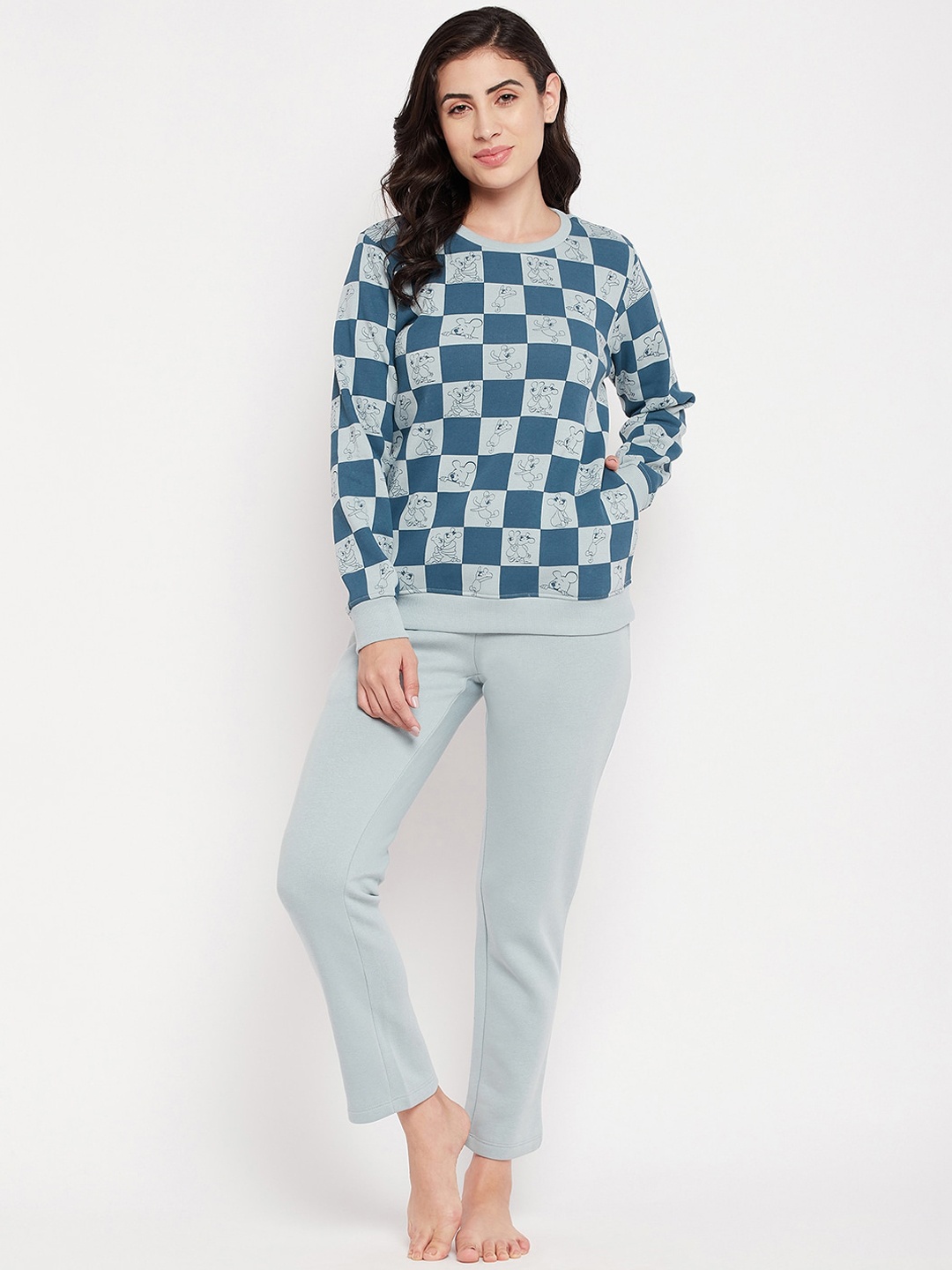 

MADAME M SECRET Women Teal & Blue Checked Night suit