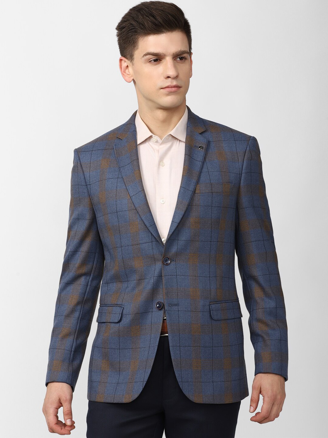 

Van Heusen Men Navy-blue & Brown Checked Single-Breasted Slim-Fit Formal Blazer