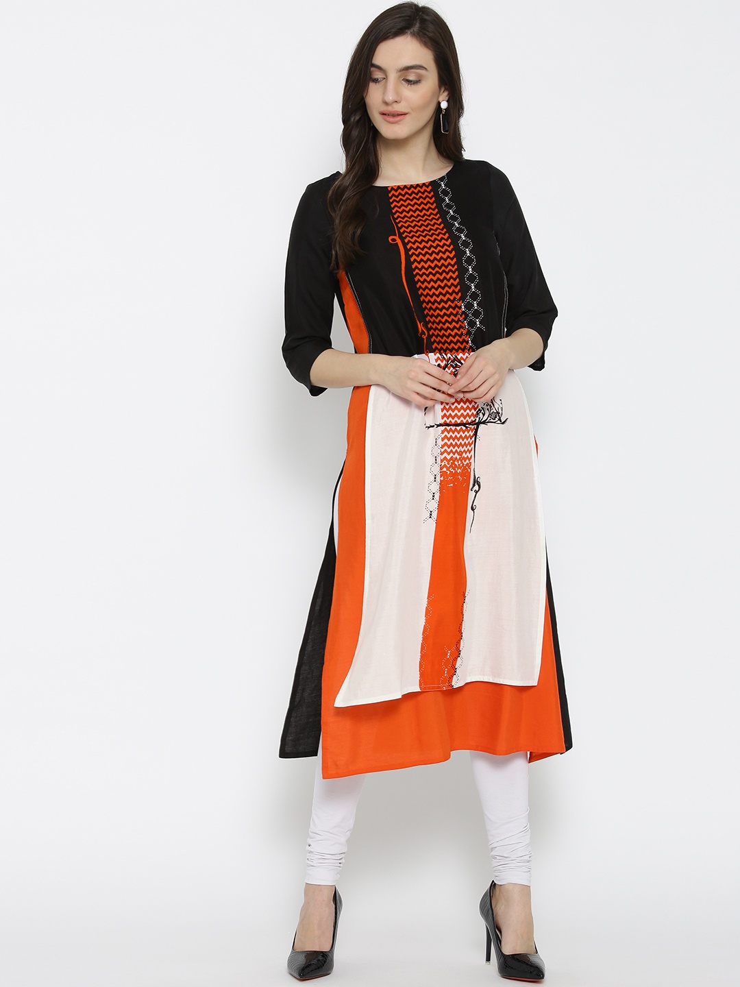 

RANGMANCH BY PANTALOONS Women Black & Orange Printed Layered Straight Kurta