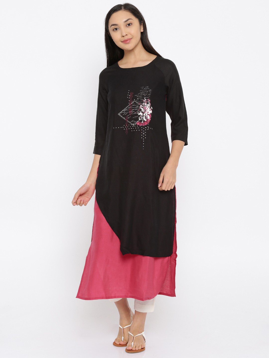 

RANGMANCH BY PANTALOONS Women Black & Pink Printed A-Line Kurta