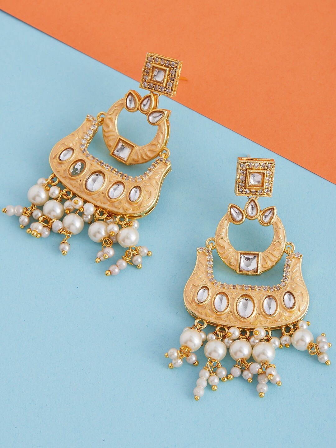 

ZeroKaata Women Gold Plated Peach-Coloured Contemporary Drop Earrings