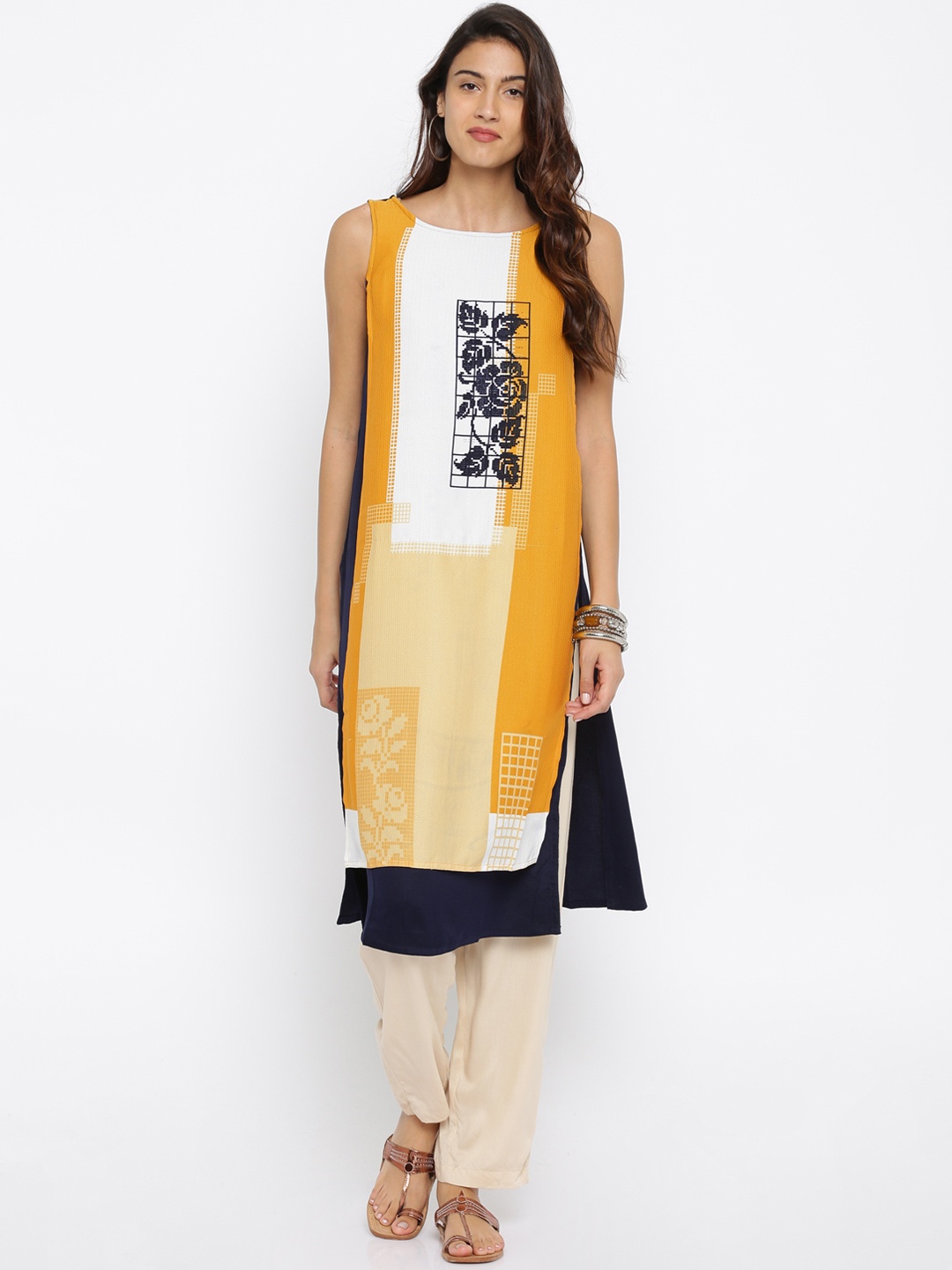 

RANGMANCH BY PANTALOONS Women Yellow & White Printed Straight Kurta