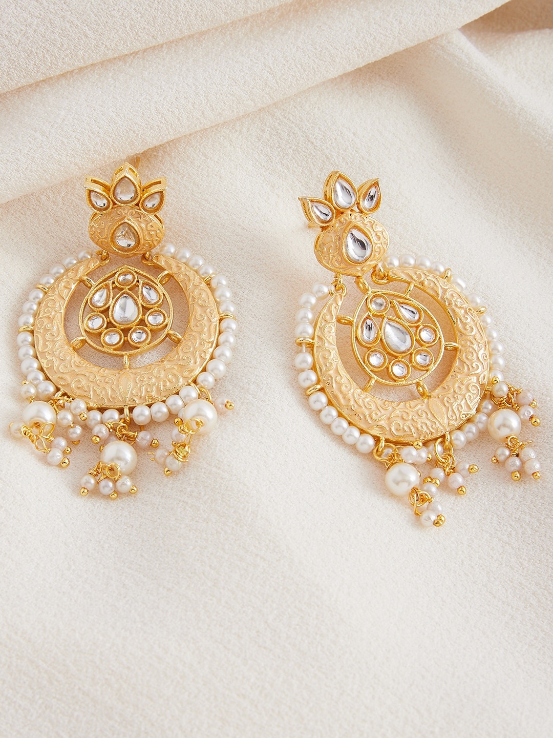 

ZeroKaata Women Gold Plated Kundan & Meena Studded Contemporary Chandbalis Earrings, Peach