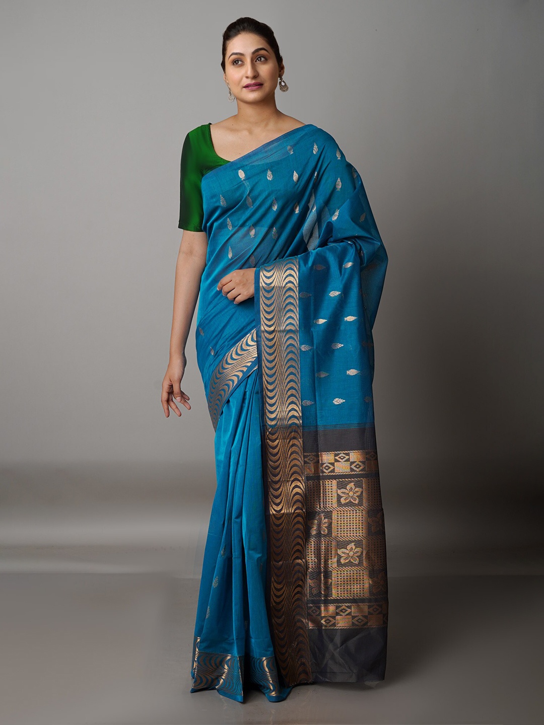 

Unnati Silks Blue & Black Woven Design Zari Pure Cotton Gadwal Saree