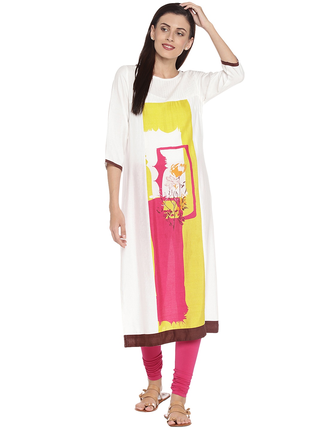 

RANGMANCH BY PANTALOONS Women White & Lime Green Printed Straight Kurta