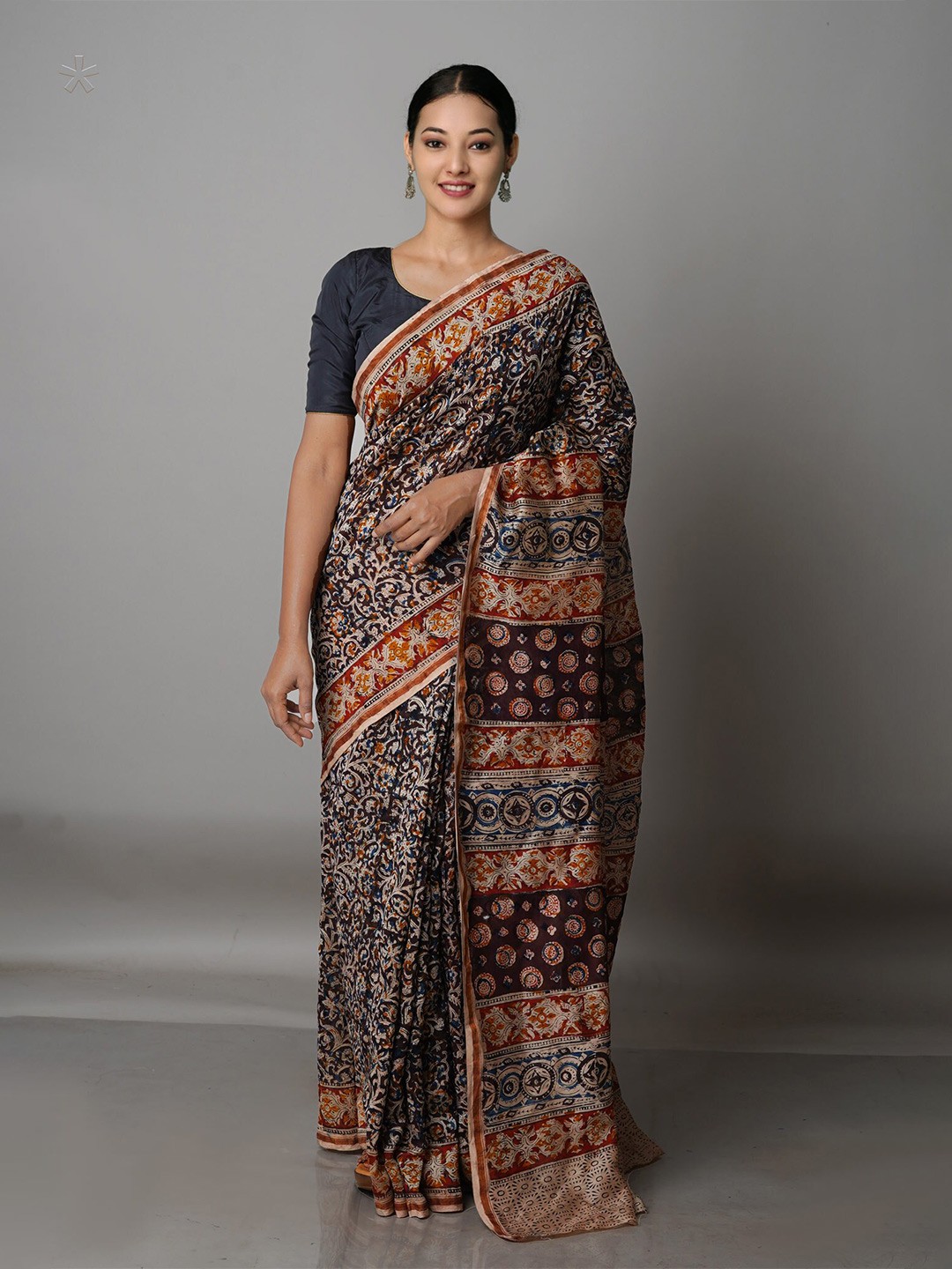 

Unnati Silks Brown & Black Kalamkari Silk Cotton Chanderi Saree