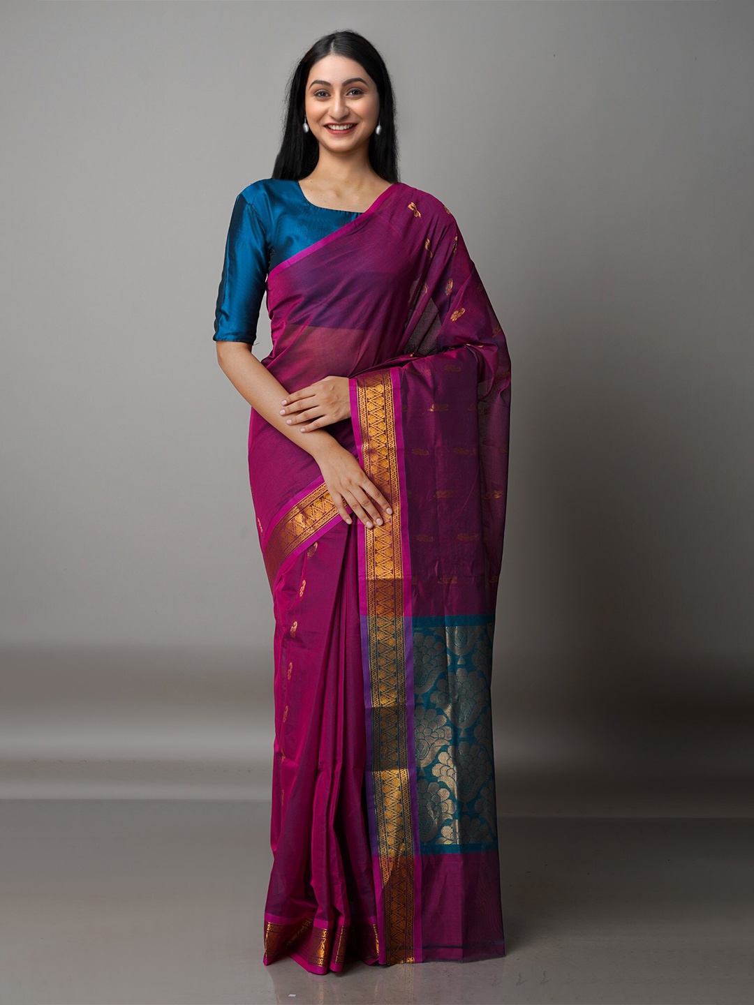 

Unnati Silks Pink & Blue Woven Design Zari Pure Cotton Gadwal Saree