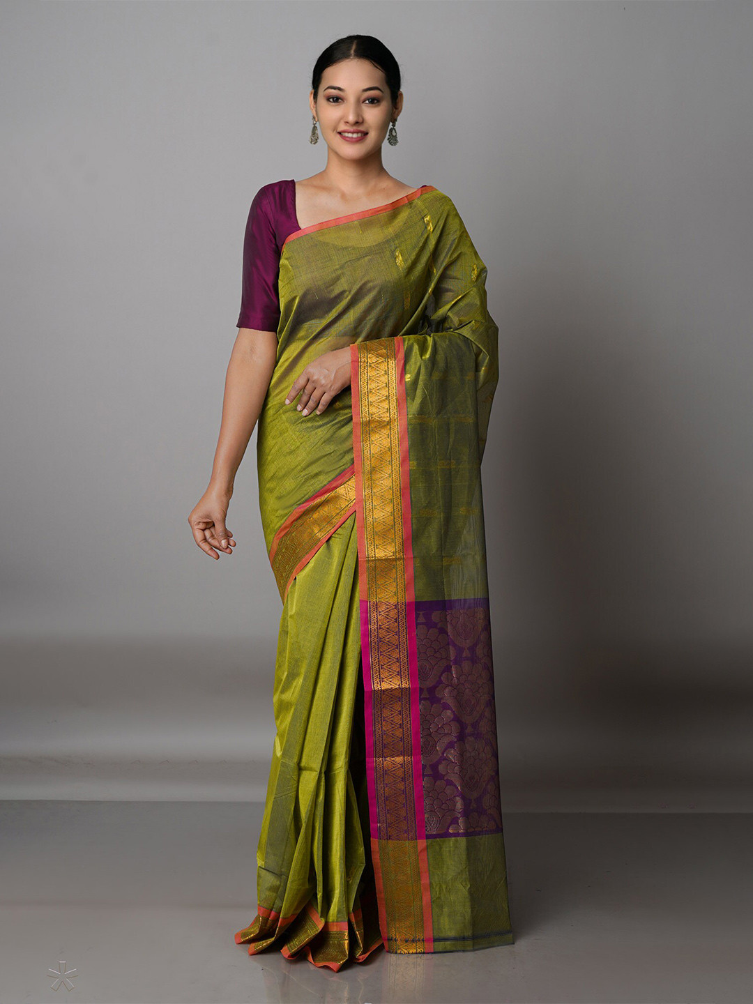 

Unnati Silks Green & Purple Woven Design Zari Pure Cotton Gadwal Saree