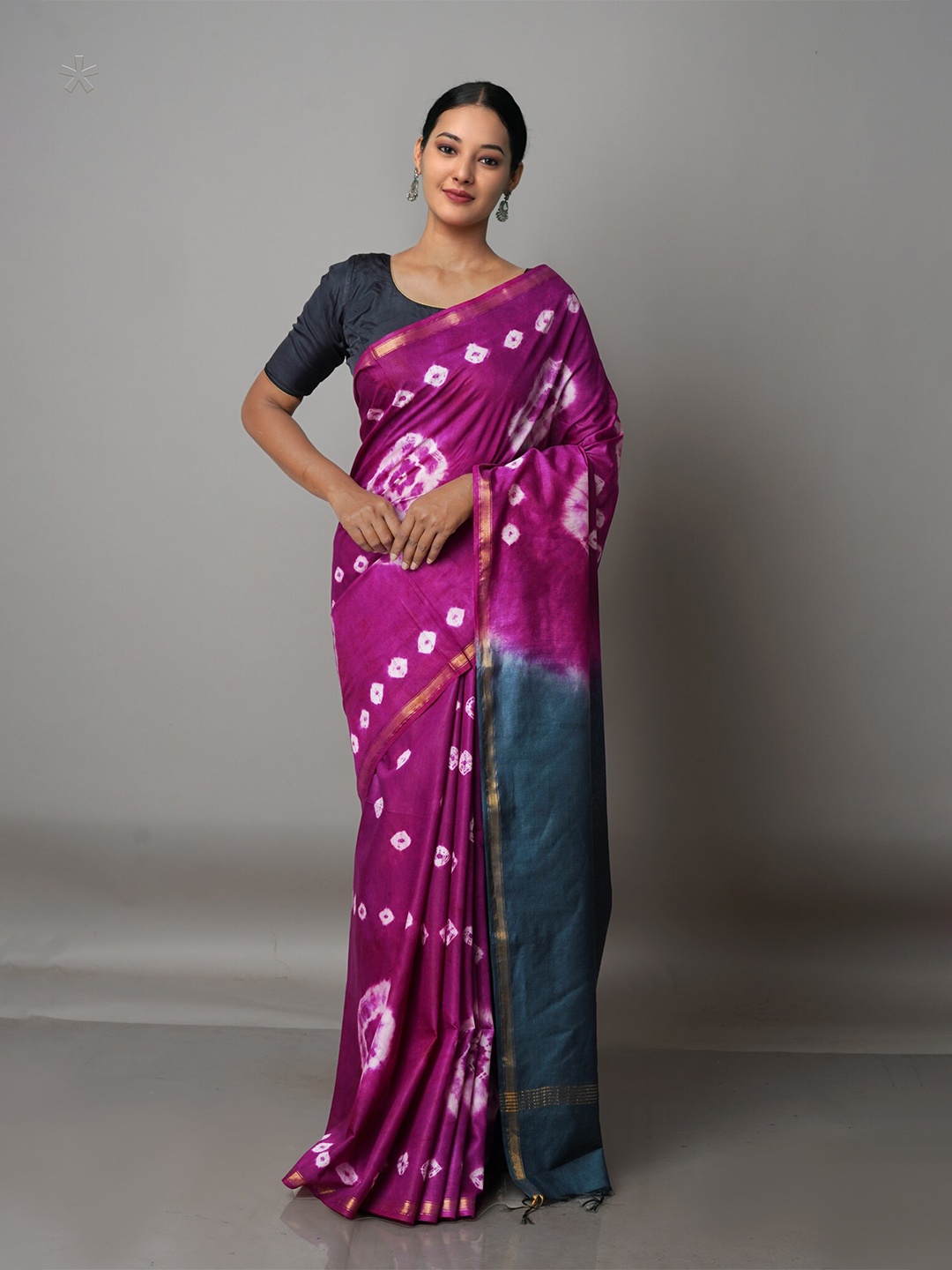 

Unnati Silks Purple & Green Bandhani Zari Silk Cotton Chanderi Saree