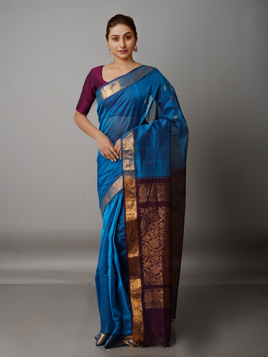 

Unnati Silks Blue & Purple Woven Design Zari Pure Cotton Gadwal Saree