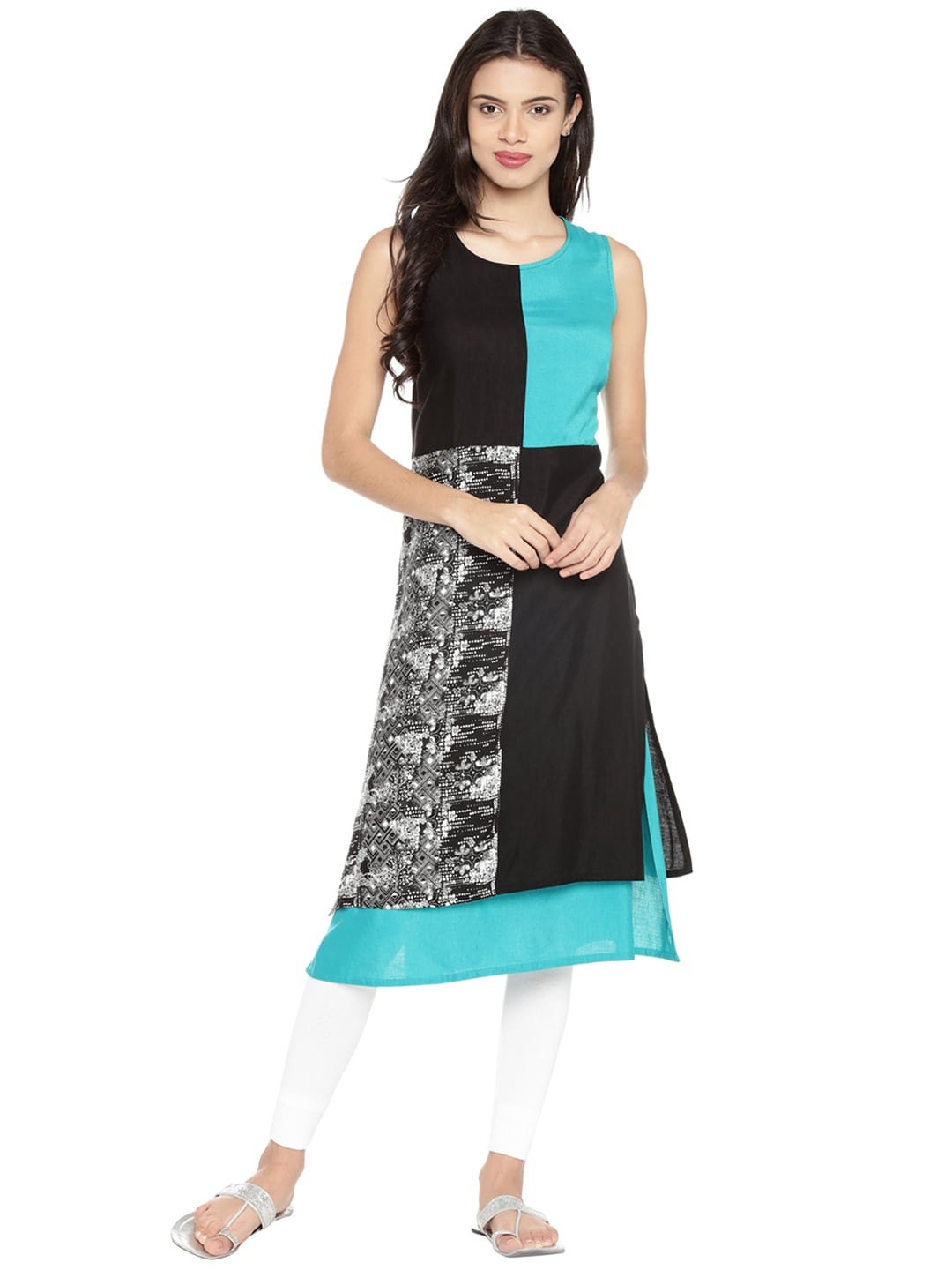 

RANGMANCH BY PANTALOONS Women Blue & Black Colourblocked Straight Layered Kurta