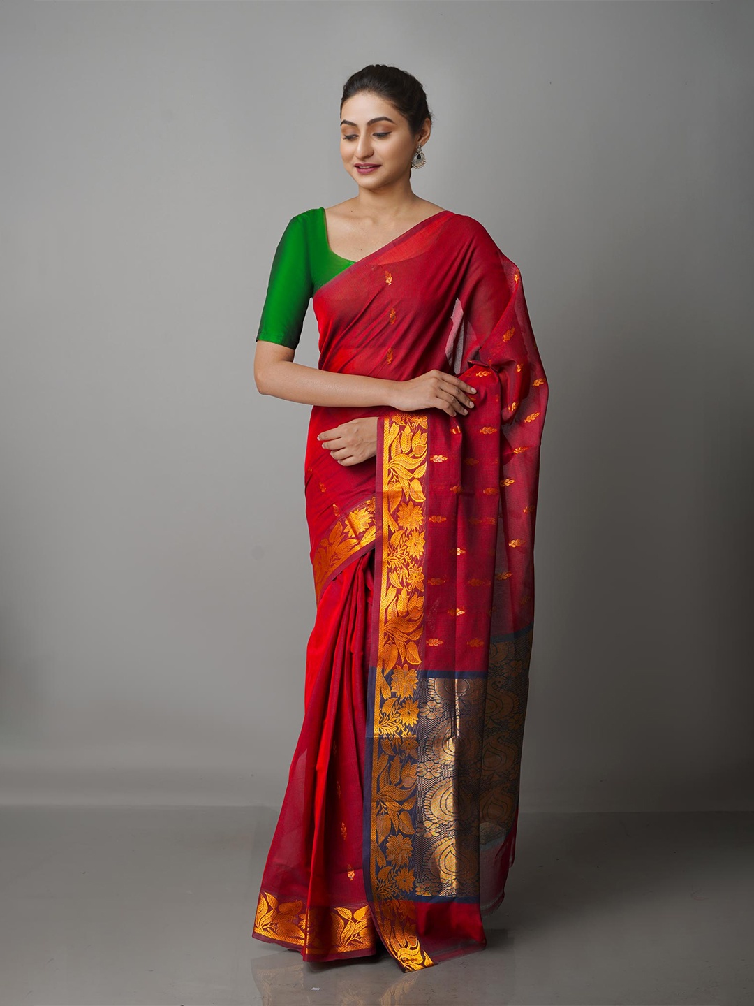 

Unnati Silks Burgundy & Blue Woven Design Zari Pure Cotton Handloom Gadwal Saree