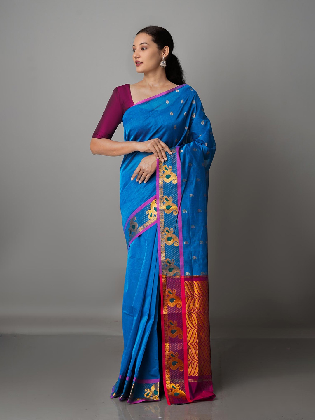

Unnati Silks Blue & Gold-Toned Woven Design Zari Pure Cotton Handloom Gadwal Saree