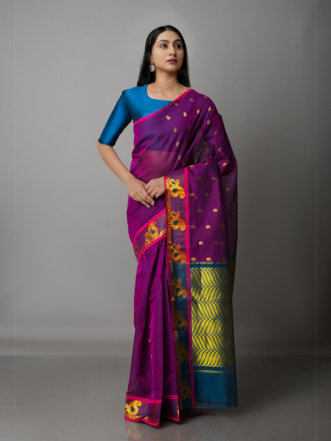 

Unnati Silks Purple & Green Woven Design Zari Pure Cotton Gadwal Saree