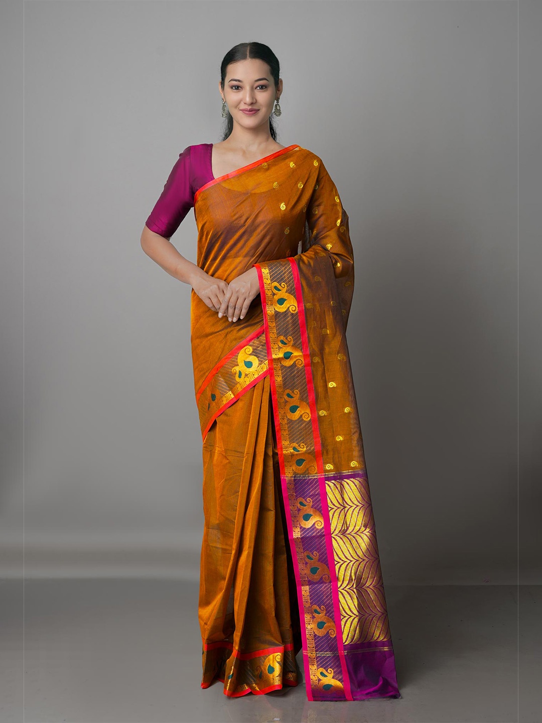 

Unnati Silks Brown & Purple Woven Design Zari Pure Cotton Handloom Gadwal Saree