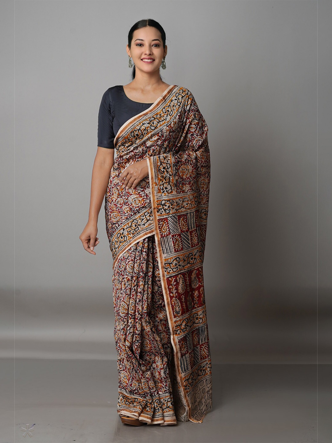 

Unnati Silks Blue & Red Kalamkari Silk Cotton Chanderi Saree