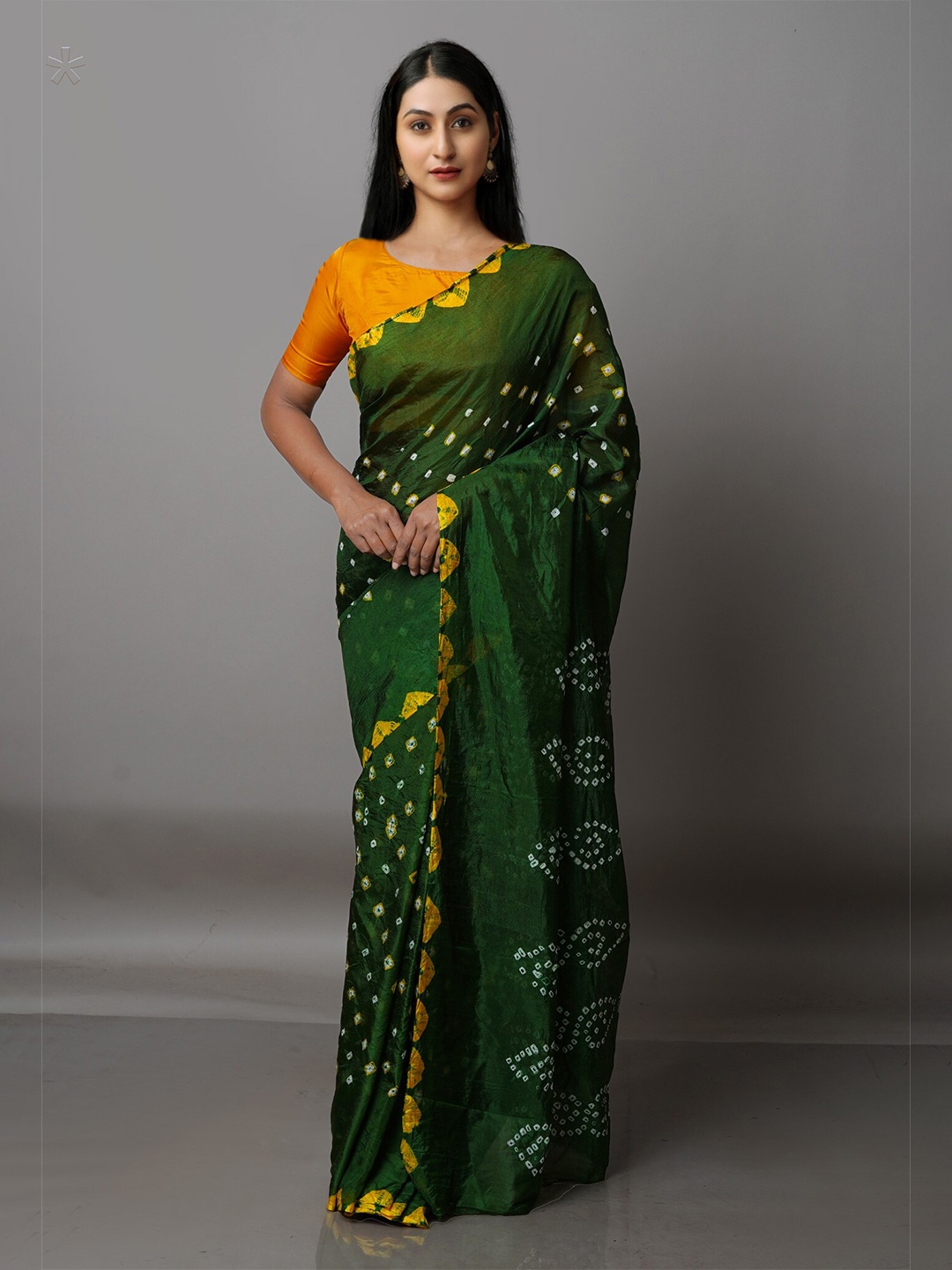 

Unnati Silks Green & Orange Bandhani Silk Blend Bandhani Saree