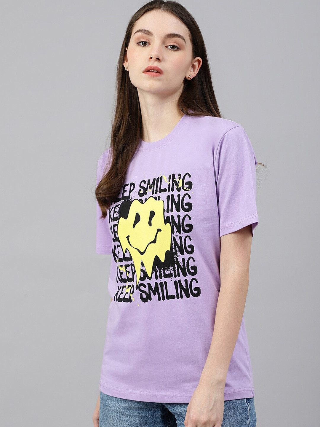 

COLOR CAPITAL Women Lavender Typography Printed Pure Cotton T-shirt