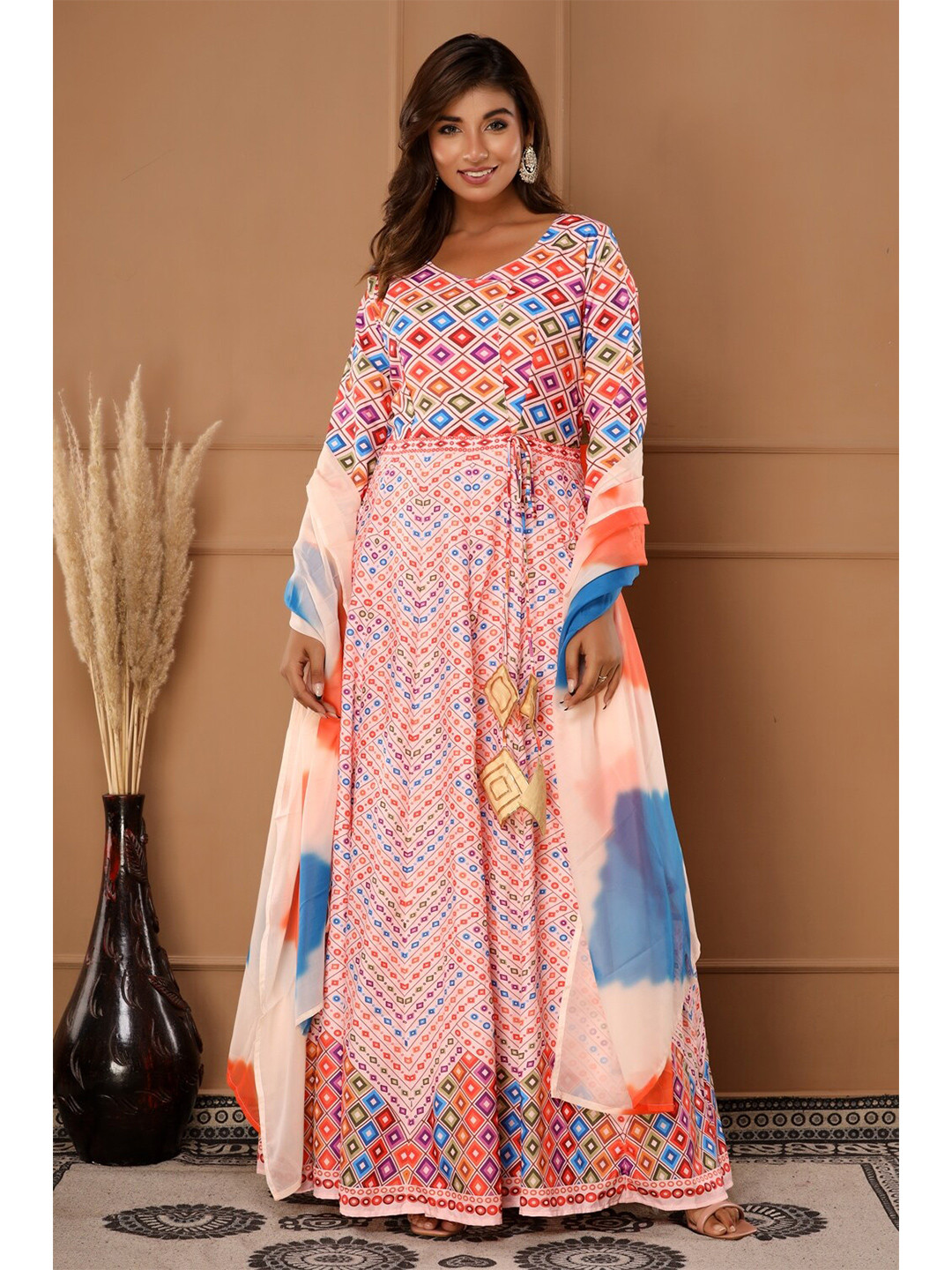 

Saart Bunaai Women Off White & Blue Cotton Dress With Dupatta