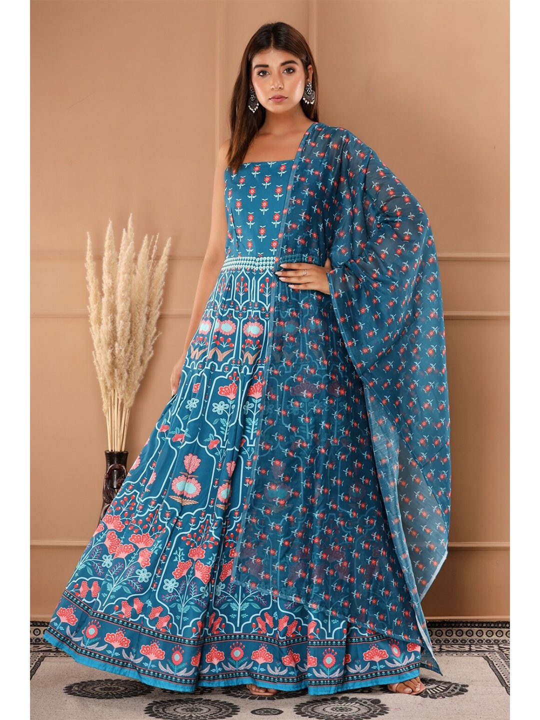 

Saart Bunaai Women Green Floral Cotton Maxi Ethnic Dress With Dupatta, Teal