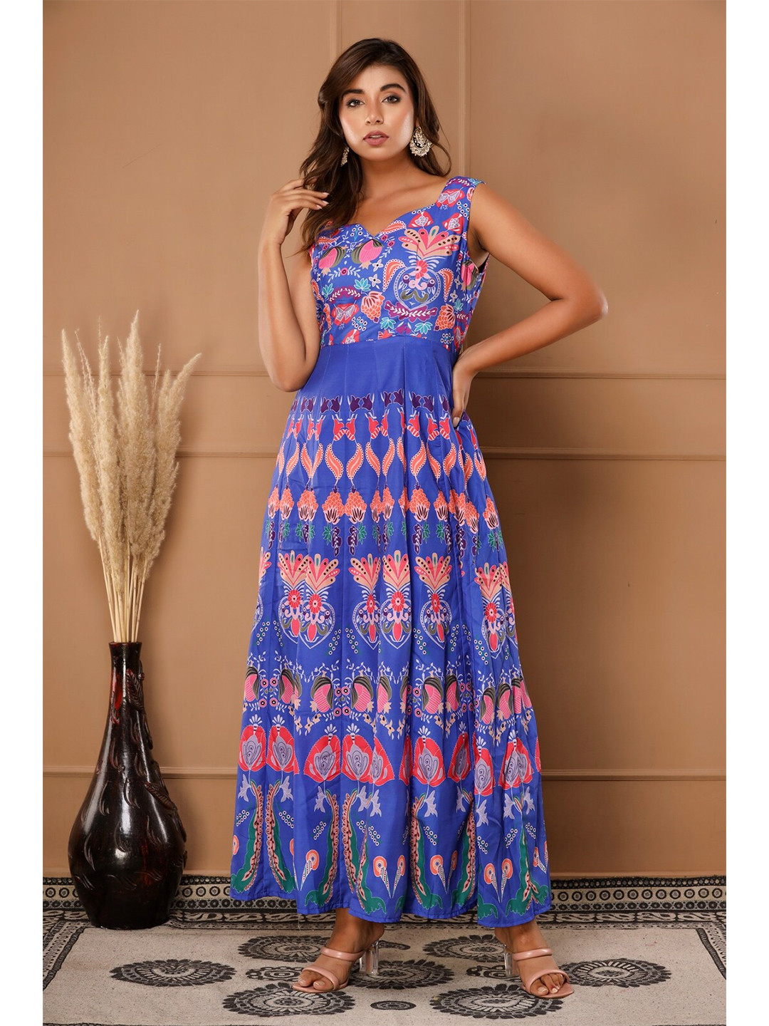 

Saart Bunaai Women Blue & Coral Printed Cotton Anarkali Ethnic Dress