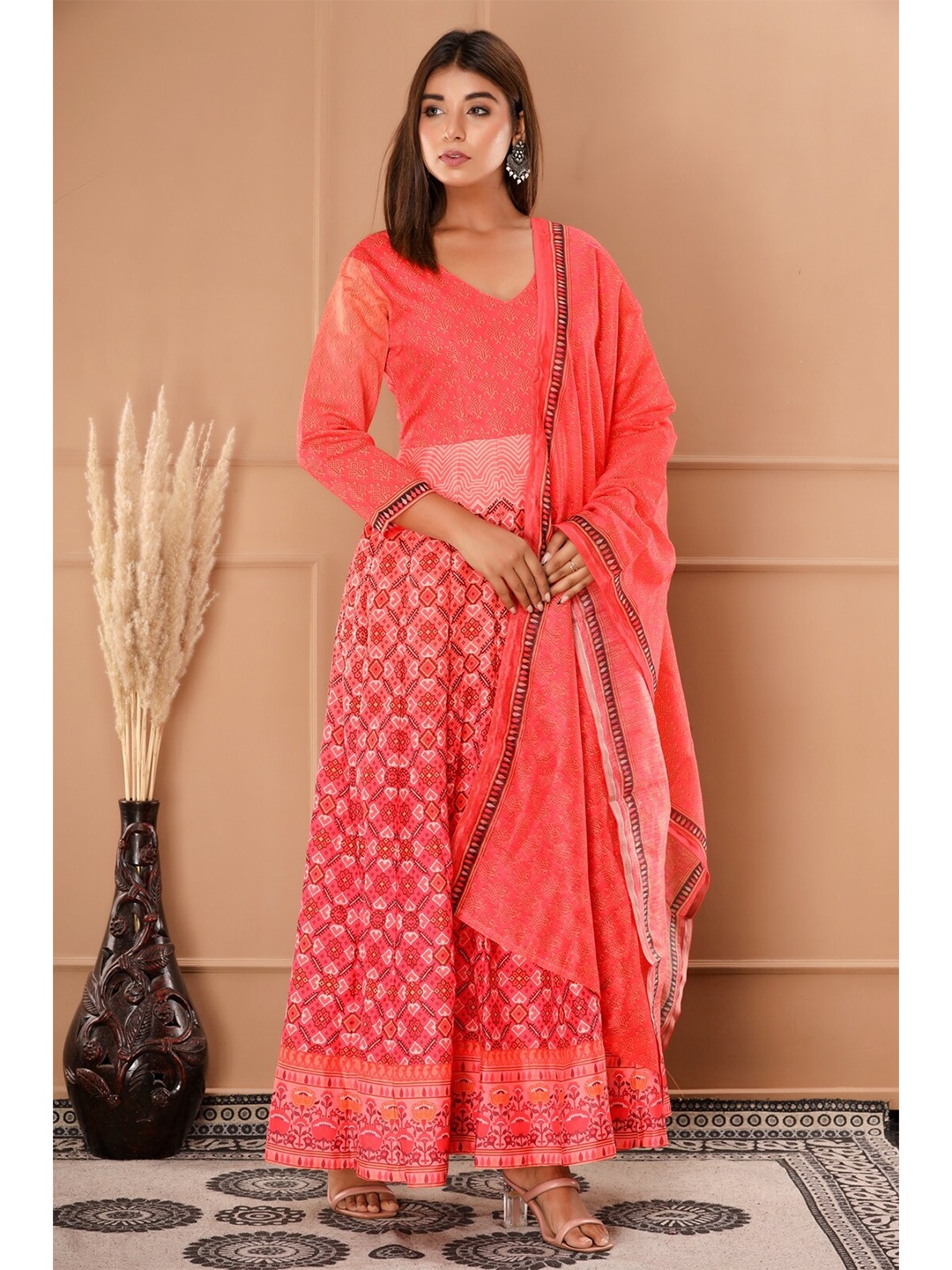 

Saart Bunaai Women Coral Printed Cotton Anarkali Kurta with Dupatta