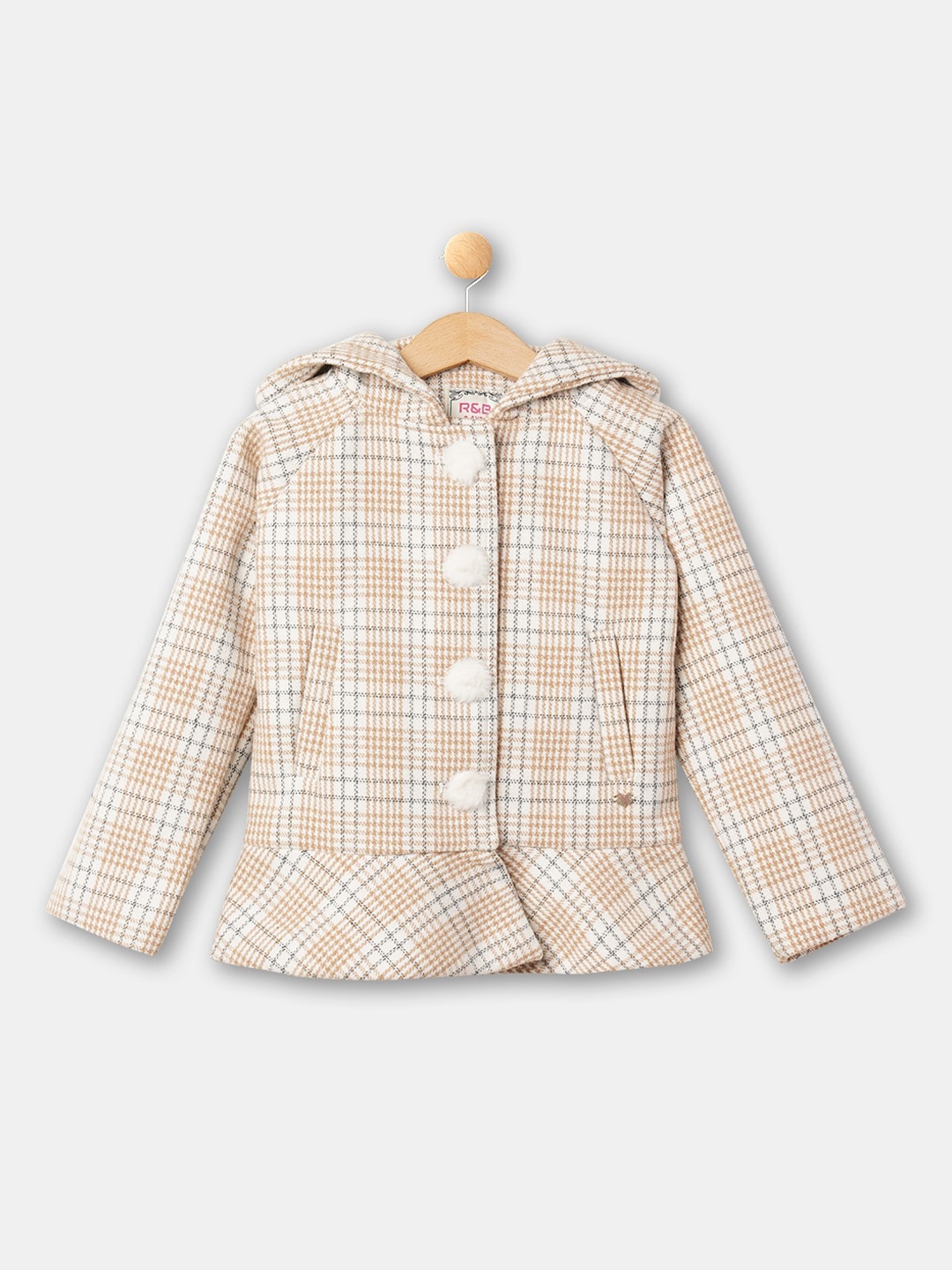 

R&B Girls Beige Black Checked Cotton Hooded Tailored Jacket