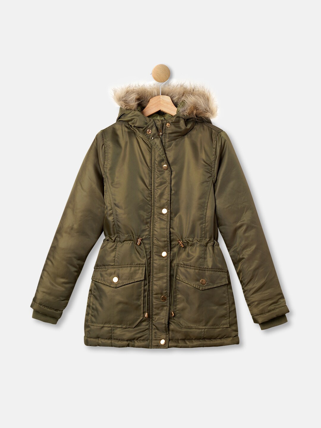 

R&B Girls Olive Green Solid Cotton Hooded Longline Parka Jacket