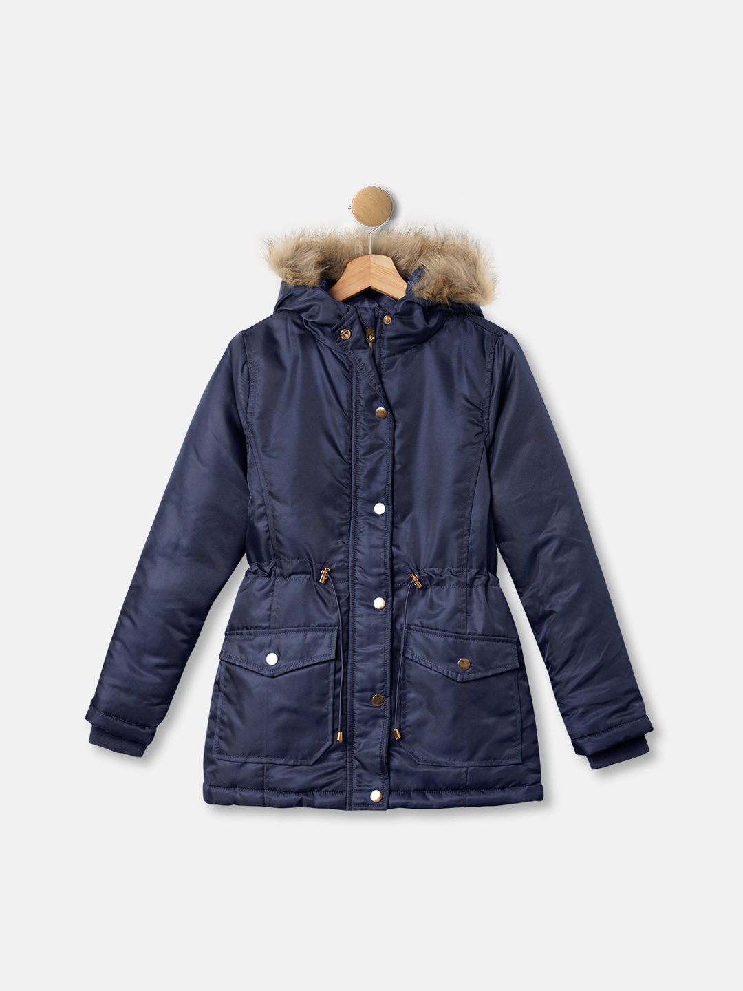 

R&B Girls Blue Solid Cotton Hooded Parka Jacket