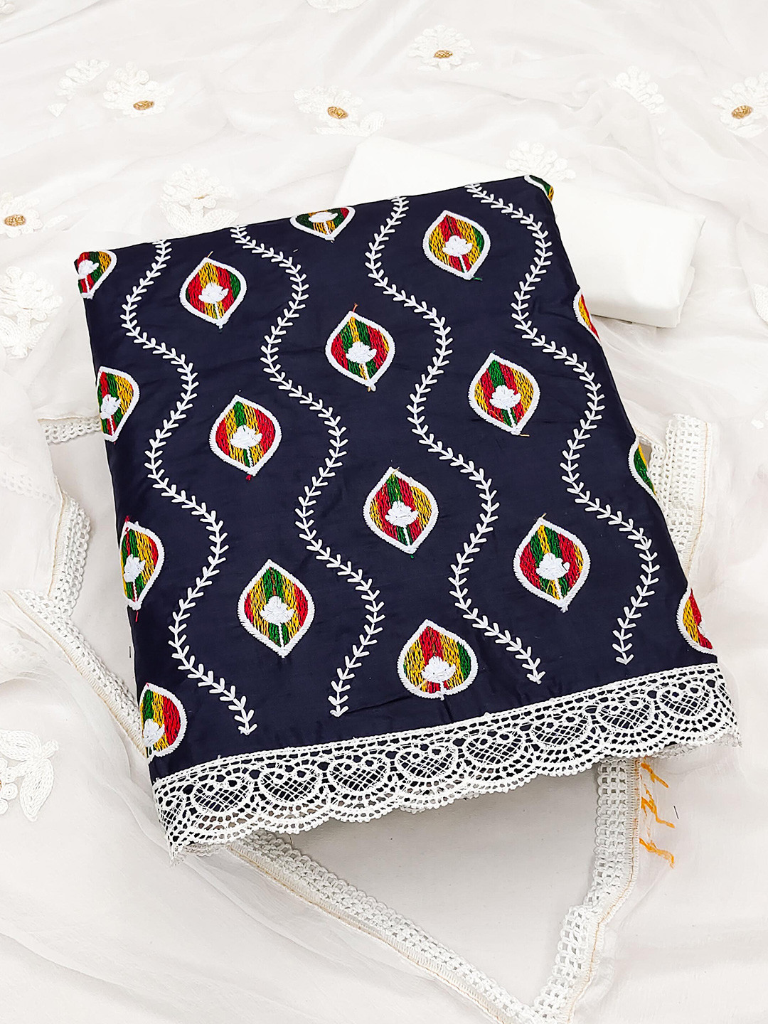 

SHADOW & SAINING Women Navy Blue & White Embroidered Pure Cotton Unstitched Dress Material