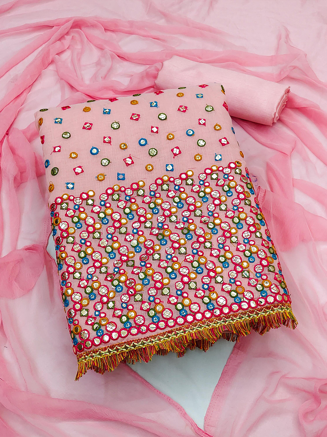 

SHADOW & SAINING Women Peach-Coloured & Blue Embroidered Unstitched Dress Material