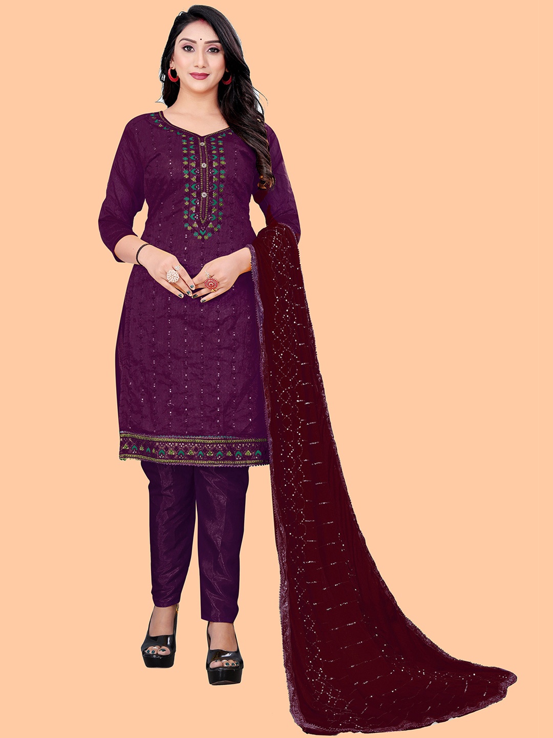 

SHADOW & SAINING Purple & Blue Embroidered Unstitched Dress Material