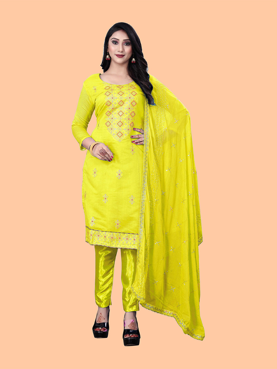 

SHADOW & SAINING Lime Green & Pink Embroidered Unstitched Dress Material