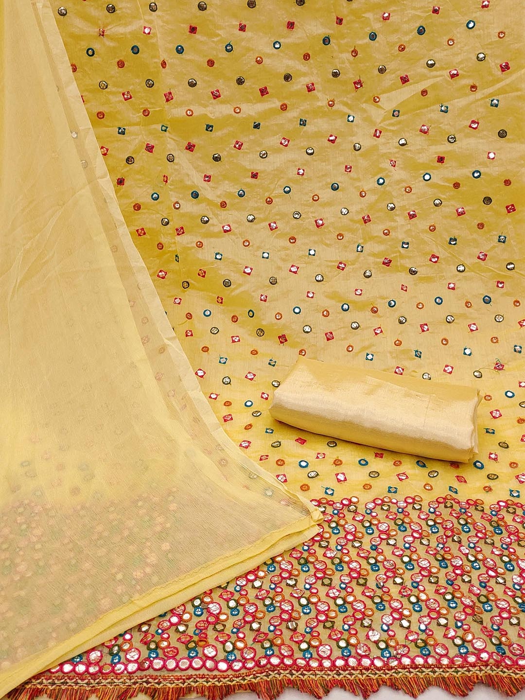 

SHADOW & SAINING Yellow & Red Embroidered Unstitched Dress Material
