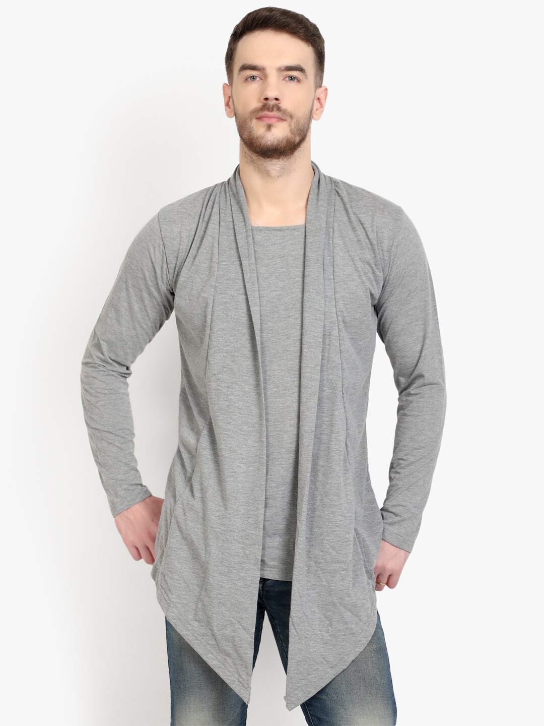

PAUSE SPORT Men Grey Solid Cotton Shawl Collar Regular Fit Long Sleeves Shrug