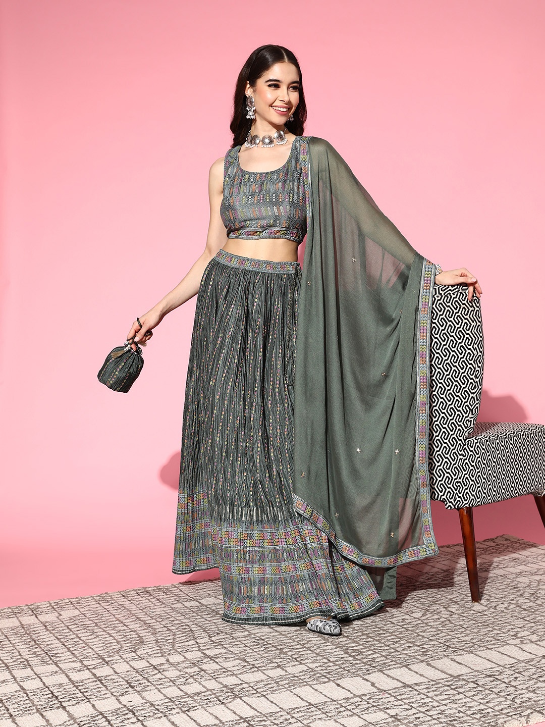 

Prakrti Green & Multicoloured Printed Thread Work Ready to Wear Lehenga & Blouse With Dupatta
